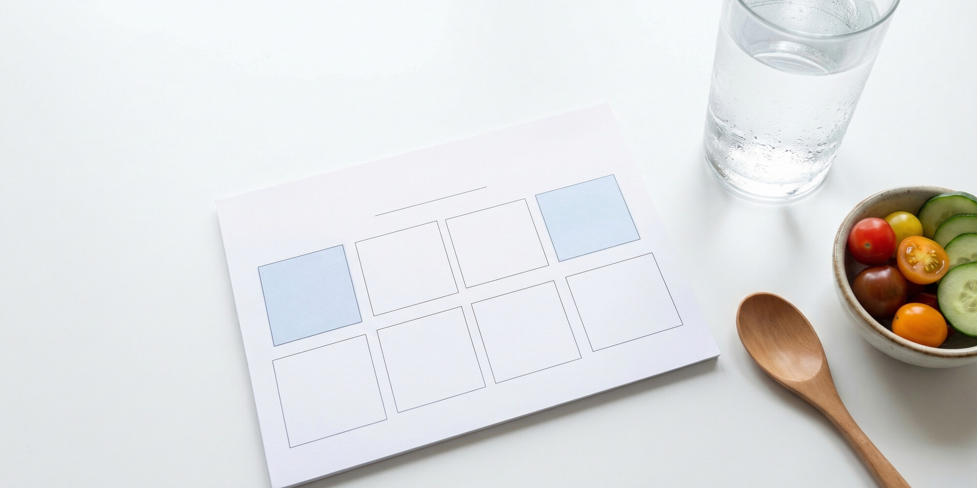 Minimalist flat lay of a weekly planner with two days highlighted, a glass of water, and scattered fresh vegetables on a clean white surface