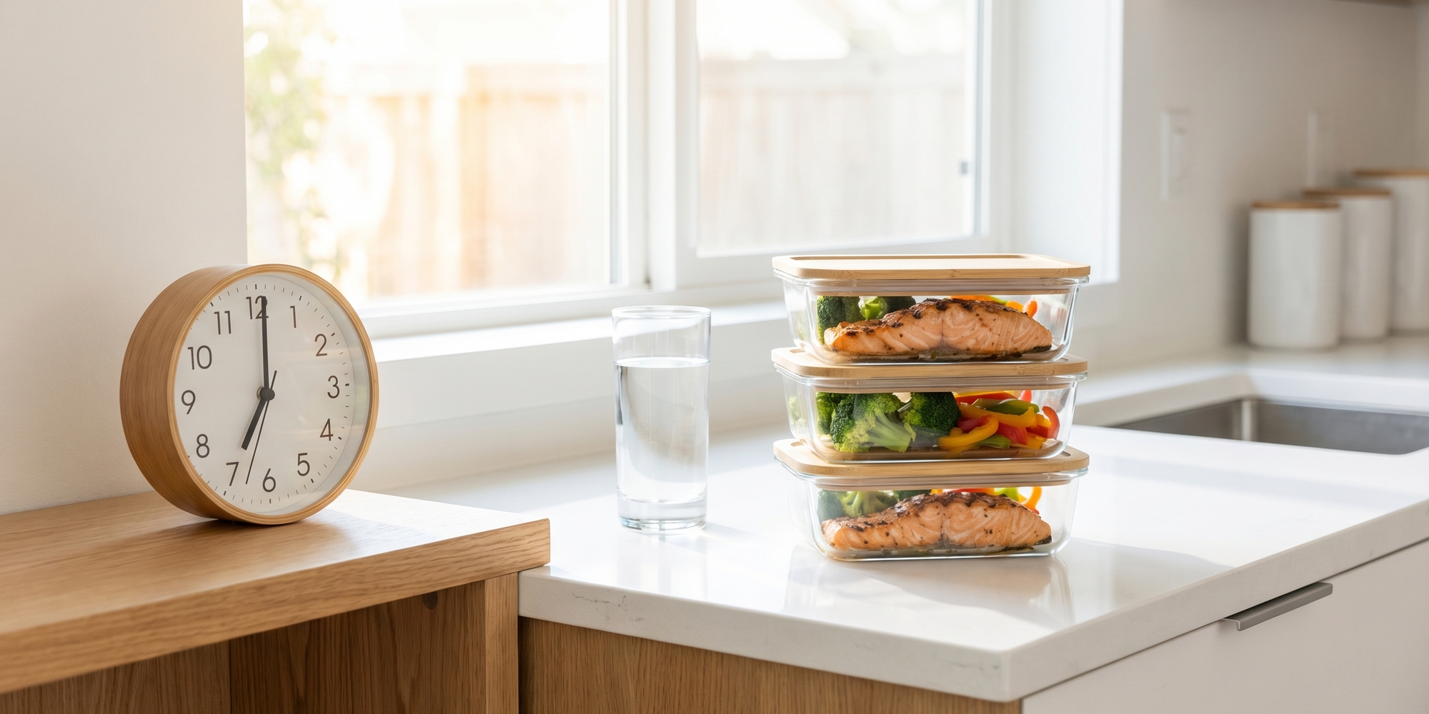 Minimalist kitchen counter with a clock, water glass, and meal prep containers arranged to represent alternating fasting and eating days