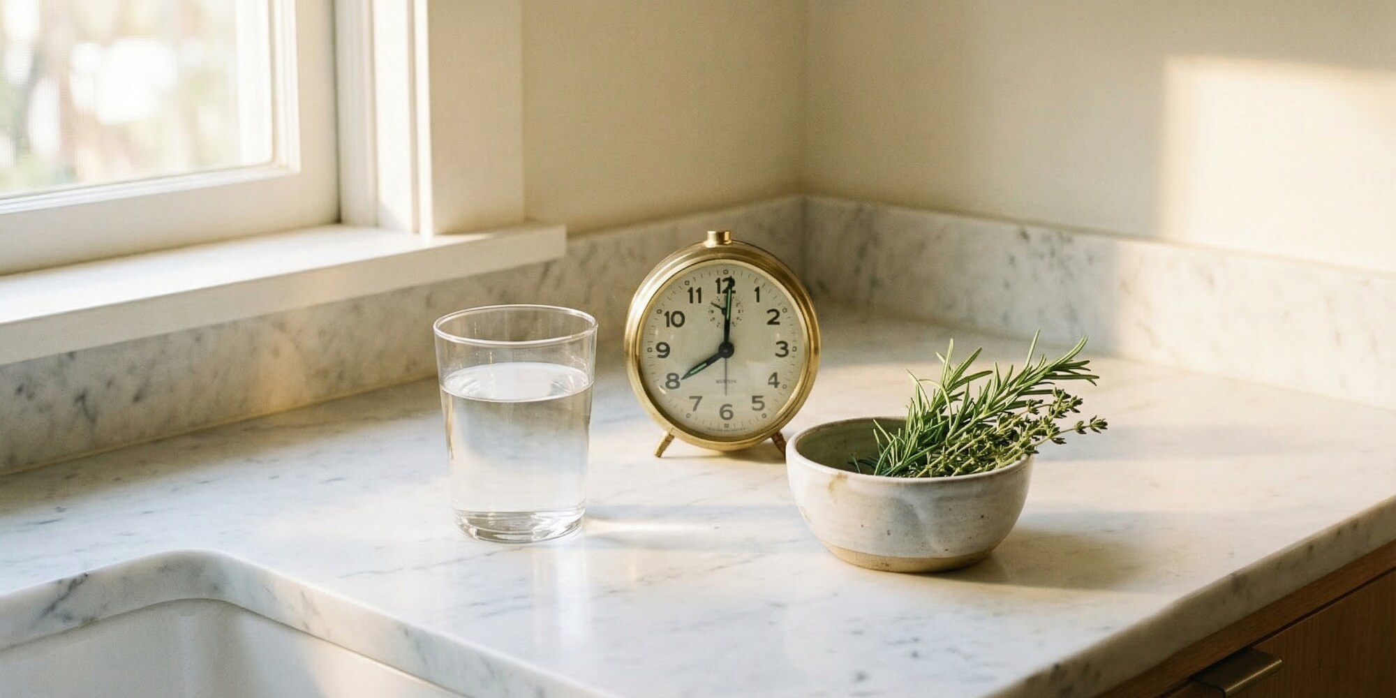 Clean kitchen counter with a glass of water and a clock, representing structured fasting protocols and meal timing