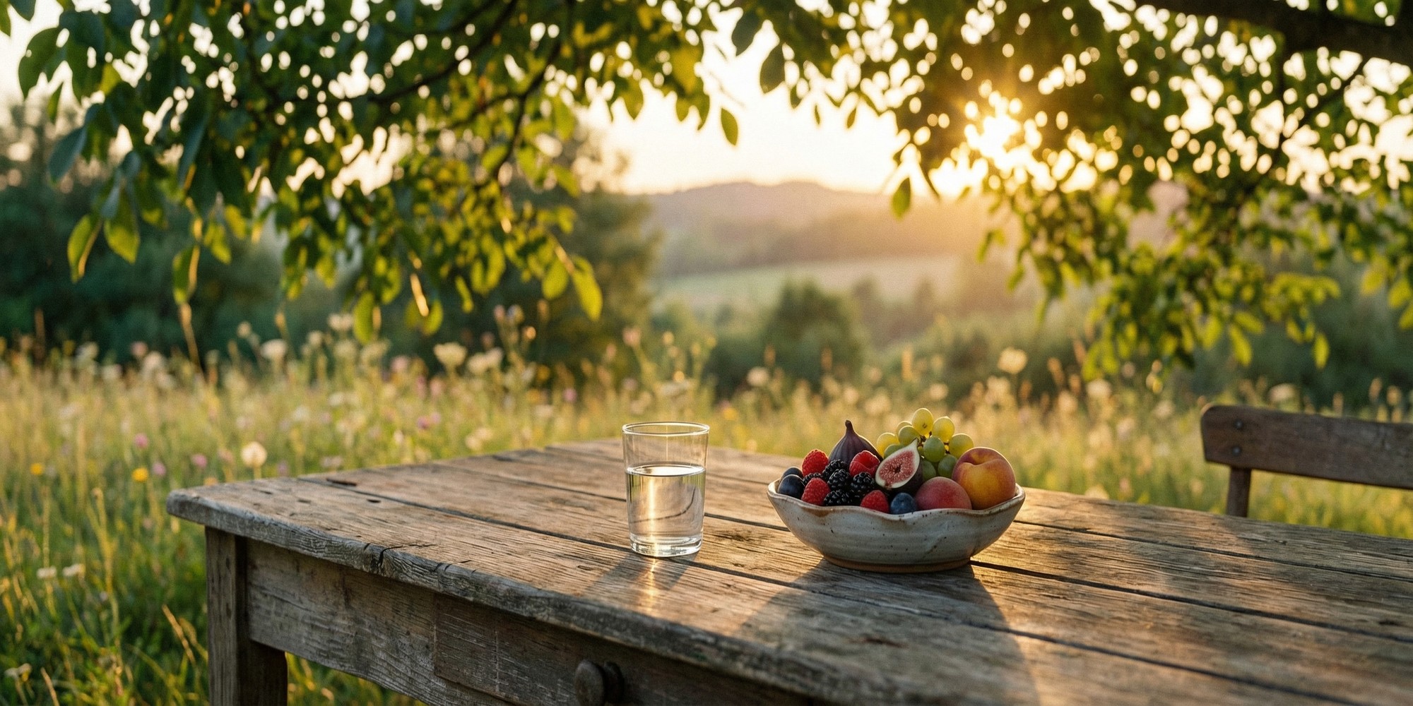 Serene outdoor dining setting at golden hour with an empty wooden table, fresh water glass, and natural greenery — representing mindful, flexible fasting in social environments