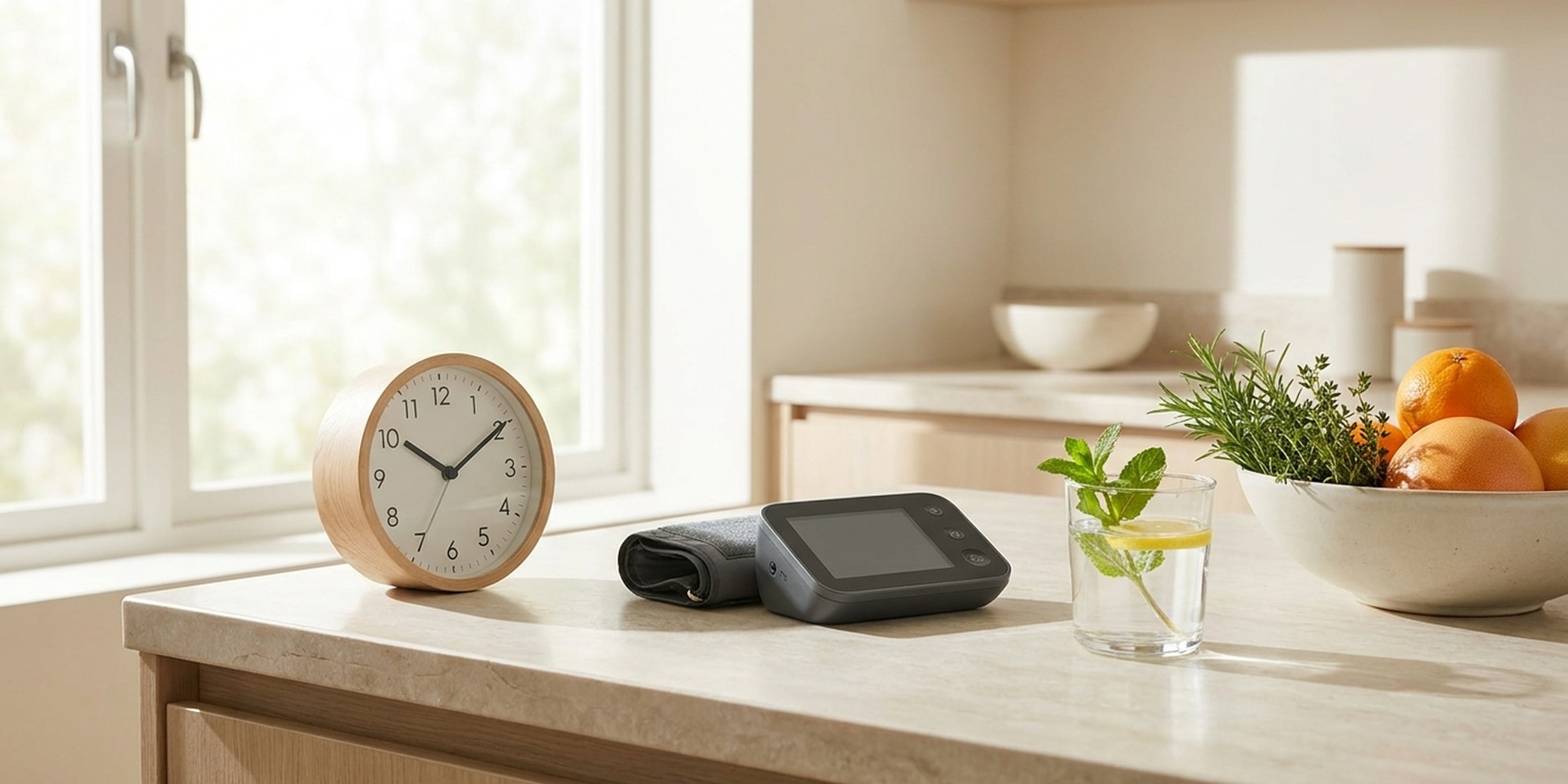 Minimalist kitchen still life with a glass of water, analog clock, and blood pressure monitor in soft morning light