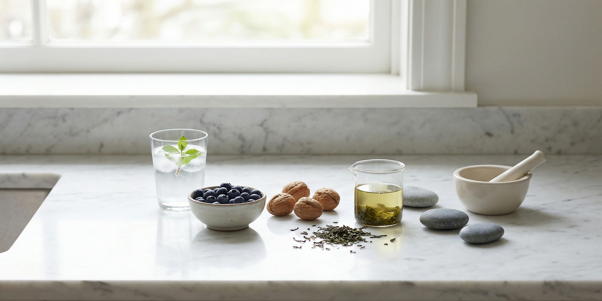 Minimalist wellness still life with a glass of water, blueberries, and walnuts on a bright kitchen counter