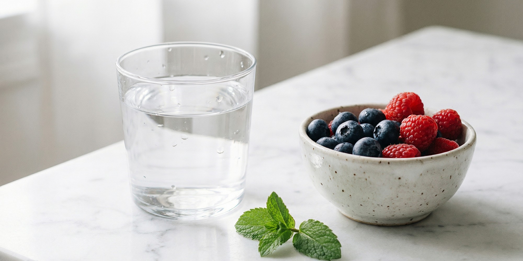 Close-up of a clear glass of water beside a small bowl of fresh blueberries and a sprig of mint on a clean white marble surface, soft natural morning light
