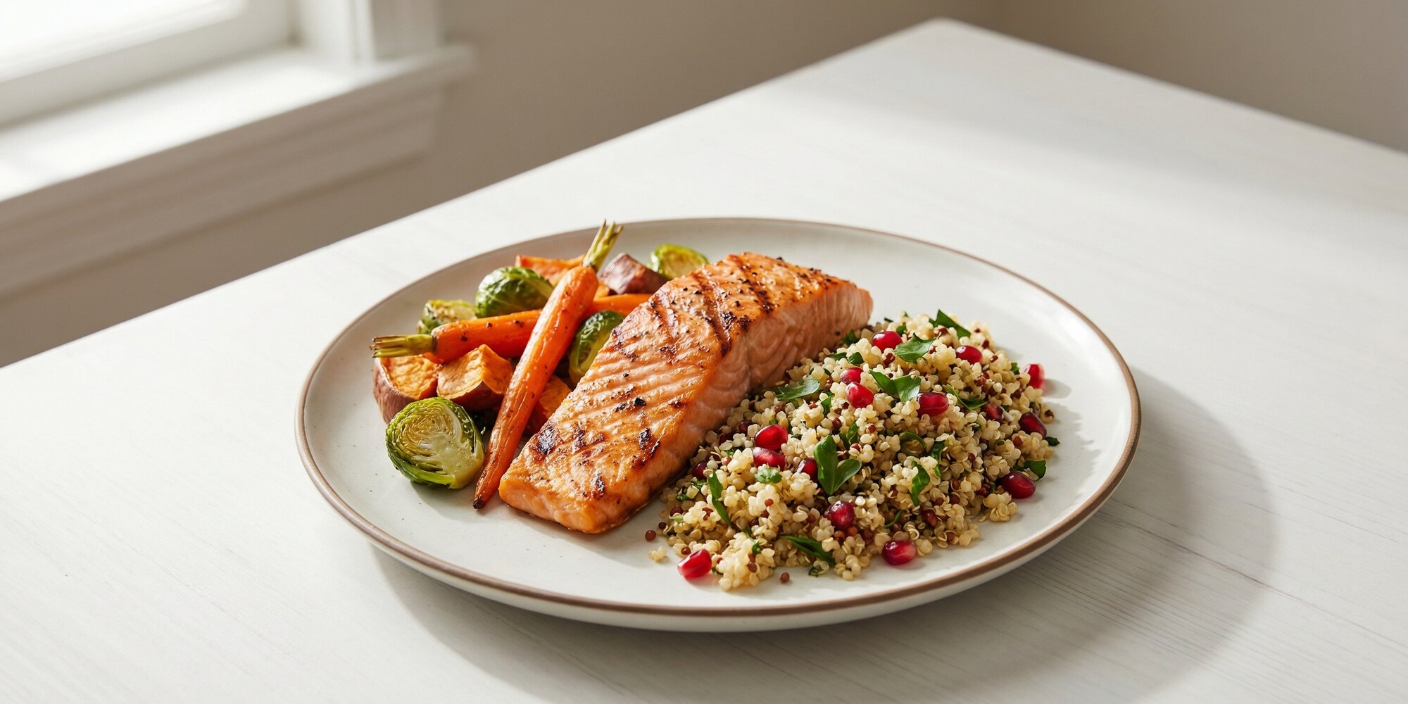 A single beautifully composed dinner plate with a balanced meal of vegetables, grains, and protein on a minimalist white table, soft natural light from the side, no text