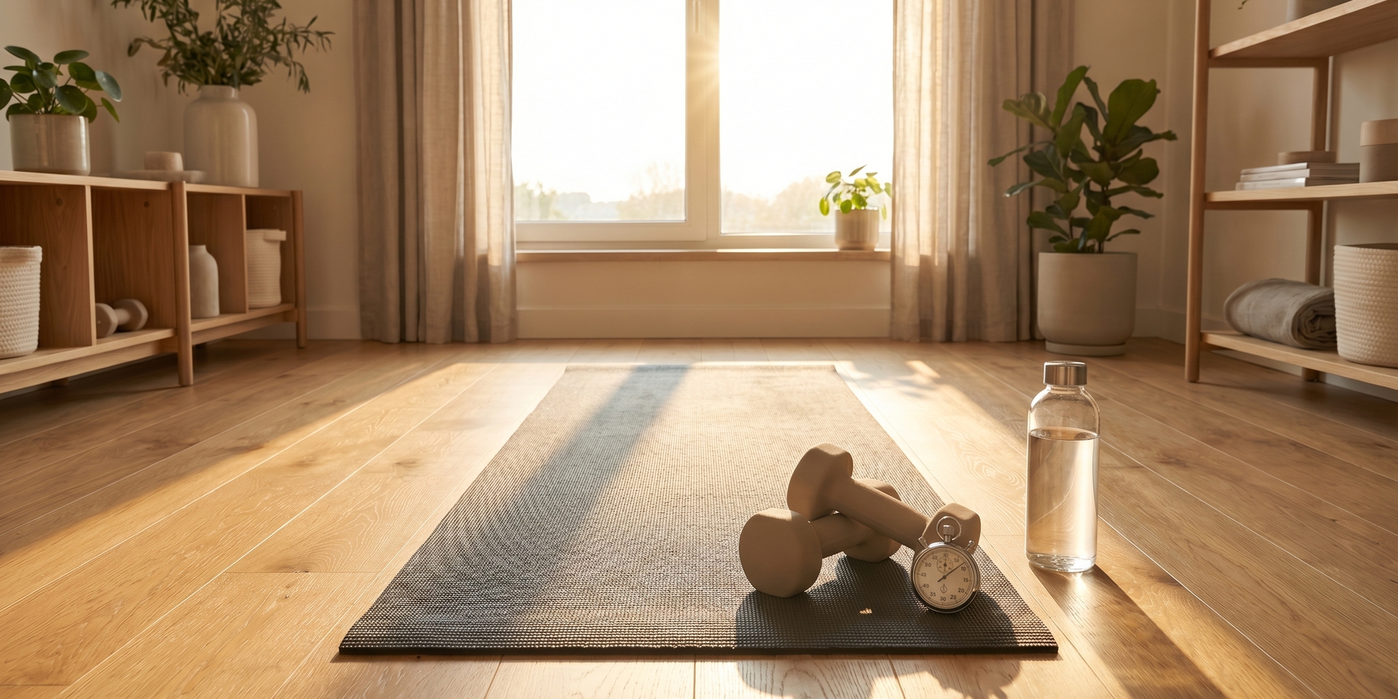 Minimalist home gym scene with a water bottle, stopwatch, yoga mat, and sunrise light in a clean room